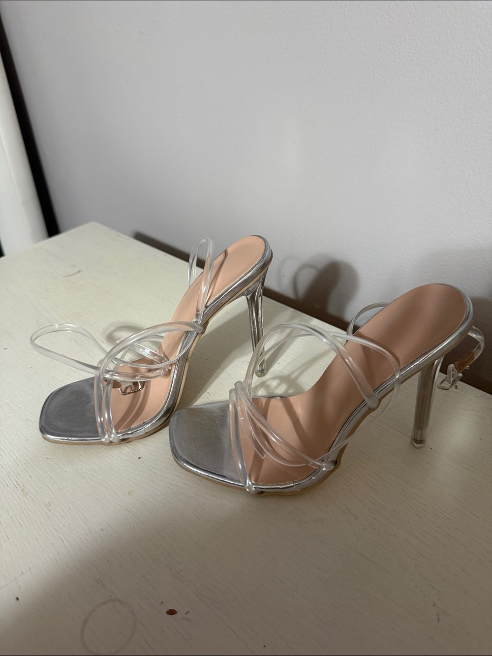 Clear Strappy High Heel Sandals in Silver